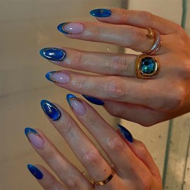 Blue Nail Press ons Star Fake Nails with Gold Line Design Glitter Glue on Nails French Tip Stick on Nails Glossy Artificial Acrylic Medium Almond False Nails for Women Girls Shiny Manicure 24Pcs