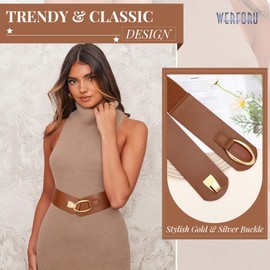 WERFORU Women Wide Elastic Belt Women Fashion Wide Belt with Gold Buckle Women Thick Wide Belt for Dresses,C-Brown,39.4" Length, Fit Waist Size 26"-30"
