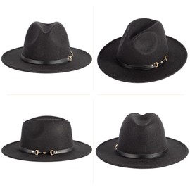 Verabella Fedora Hats for Women Winter Classic Wool Fedora Panama Hat with Belt Buckle,Black L/XL