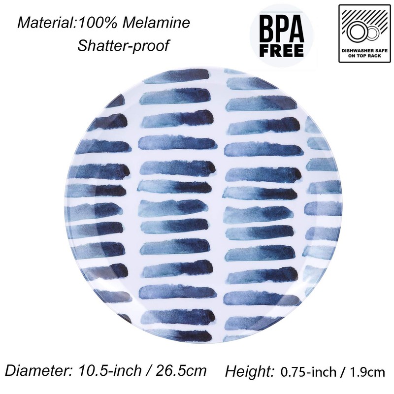 KX-WARE Blue Stripe Melamine Plates, 10.5-inch Dinner Plates set of