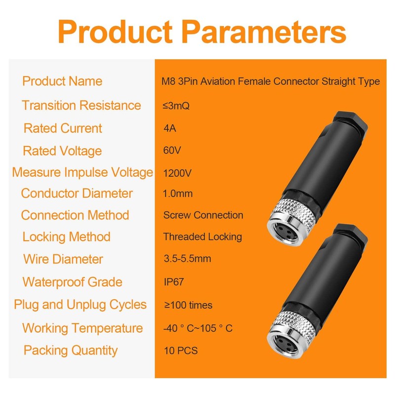 10Pcs M8 3-Pin Aviation Connector Male, Industrial A Coding Field