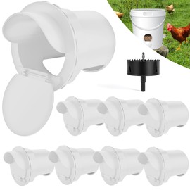 Chicken Feeder Ports - Poultry No Waste Ports Kit with Stopper 8 Ports 1 Hole Saw - DIY Automatic Reusable Coop Feeders Rain Proof Gravity Feeding Geese Duck Hens Rooster for Bucket Barrel Bin (White)