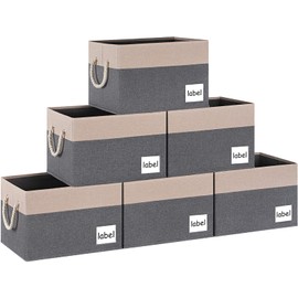 ASXSONN Storage Bins (6 Pack), Closet Storage Bins with Label & Cotton Rope Handles, Large Storage Baskets for Shelves, Storage Baskets for Organizing Nursery, Home, 15"x11"x9.6", Grey&Beige