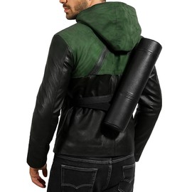 LP-FACON Mens Superhero Cosplay Green Removable Hooded Costume Real Leather Jacket