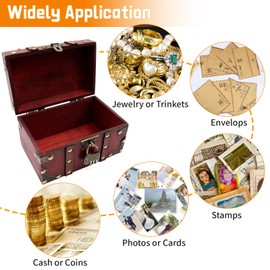 18 x 11.5 x 10.5 cm Vintage Wooden Treasure Chest with Combination Lock, Dark Red Wooden Treasure Chest for Storage and Decoration, Children's Toy Treasure Chest with Lid, Pirate Storage, Small Wooden