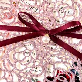 DORIS HOME 5 x7.3 inch 50PCS Blank Glitter Rose Gold Laser Cut Wedding Invitations with Envelopes Hollow Rose Pocket With Ribbon Belly Band Wedding Invitation Cards for Wedding Invite
