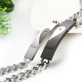 JewelryWe Pair of Love Heart Bracelets, Stainless Steel Bicolour Bracelets, Black / Silver Partner Bracelet with Zirconia, for Lovers, Stainless Steel, Women's bracelet with engraving