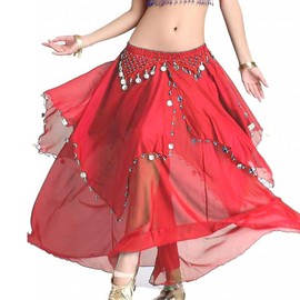 Women's Chiffon Belly Dance Costume Skirts Indian Dance Skirt with Coins (Red)