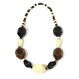 Heritage Hues Chunky Wooden Geometric Beaded Necklace - White, Black, Brown