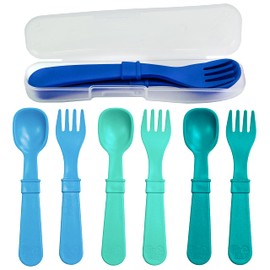 Re-Play Made in USA Toddler Forks and Spoons, Pack of 8 With Carrying Case - 4 Kids Forks with Rounded Tips and 4 Deep Scoop Toddler Spoons - 0.2" Thick Toddler Utensils with Case, Surf