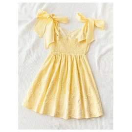 WDIRARA Women's Floral Textured Sleeveless A Line Mini Dress Bow Tie Shoulder Ruffle Cami Dresses Yellow Small