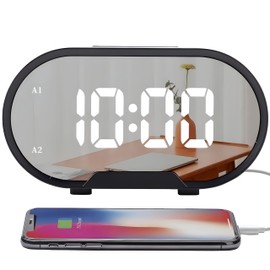 Lancoon Digital Alarm Clock, Mirrored LED Clocks with 2 USB Charging Ports, Easy Snooze Function, Adjustable Volume, 0-100% Brightness Dimmer, 12/24 Hour Display (Black)