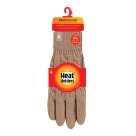 HEAT HOLDERS - Ladies Cute Striped Fairisle Warm Knitted Fleece Lined Winter Thermal Gloves (M-L, Beige)