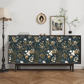 Laatse Floral Wallpaper Peel and Stick Boho Wallpaper Vintage Blue/Gold Leaf Contact Paper Waterproof Self Adhesive Modern Wall Paper for Cabinet Walls Kitchen 17.5in x118in