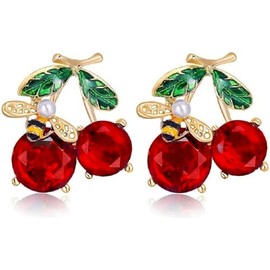 2Pcs Cute Bee Cherry Rhinestone Brooch Pin for Women Girls Fashion Gold Tone Shell Pearl Red Zircon Enameled Animal Fruit Brooches Lapel Pins Dainty Dress Accessories Jewelry for Hat Bag Suit Tie