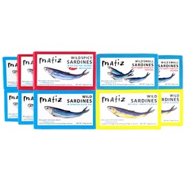 Matiz Sardines Variety Pack, Wild Caught Spanish Waters | 10 Tins | In Olive Oil, Sweet Piquillo Pepper, Spicy Piri Piri Pepper and Lemon Essence