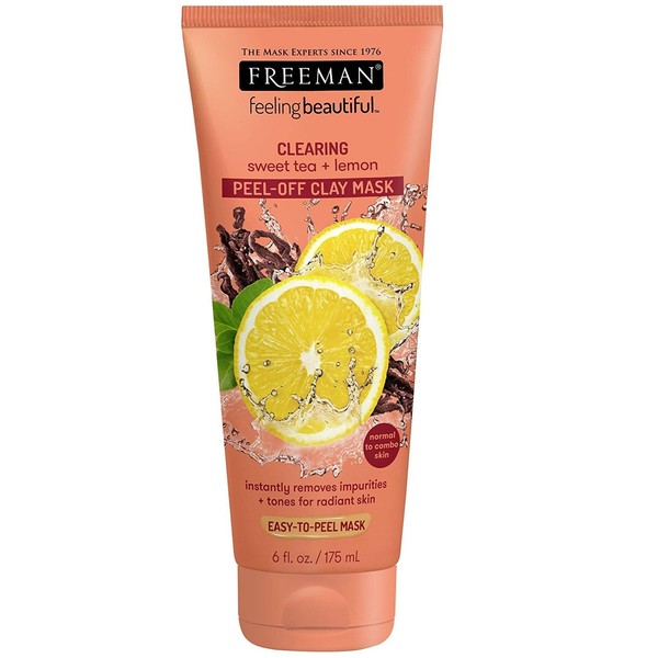 Freeman Clearing Peel Off Clay Facial Mask, Cleansing and Oil Absorbing Beauty Face Mask with Sweet Tea and Lemon, 6 oz, 3 Pack