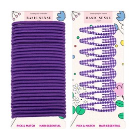 Basic Sense 38pcs Gingham Check Hair Accessories Set – Keep Her School Look Neat & Stylish (Snap Clips & Elastics), Purple