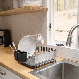 happimess DSH1000A Compact 17.25' Fingerprint-Proof Stainless Steel Dish Drying Rack, Dish Rack with Wine Glass Holder, Utensil Holder, Stainless Steel/Black, Silver/Black