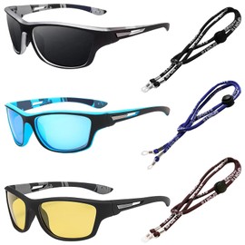 TYXHXTF 3Pcs Polarised Sunglasses for Men, Classic Vintage Sun Glasses, Polarized Sports Sunglasses, Wrap Around with Glasses Rope Strap, Protection for Driving Fishing Cycling Outdoor
