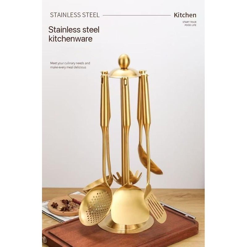 Premium 7-Piece Gold Kitchen Utensil Set with Stand, Stainless Steel