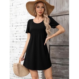 Missufe Women's Scoop Neck Puff Short Sleeve Pleated A-Line Summer Loose Casual Short 2025 Dress (Black, Large)