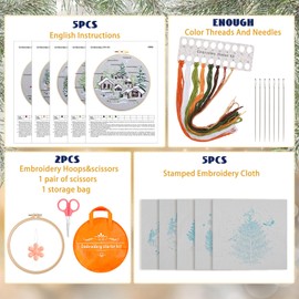 Tigeen 5 Sets Embroidery Starter Kit for Beginners Adults Kids Cross Stitch Embroidery Kit for Winter Snow Scene Christmas with Instructions Embroidery Hoops Needles Colored Threads Needle (tree)