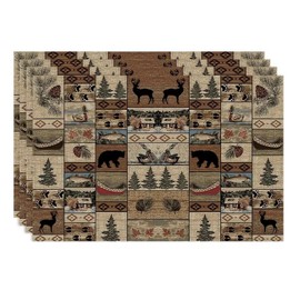 Retro Rustic Bears Deers Lodge Placemats Set of 4, Vintage Cabin Country Farmhouse Style Place Mats, Heat Resistant Non Slip Cotton Linen Dining Table Mats for Home Kitchen Party 18x12 Inch