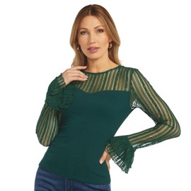 Masseys Bell Sleeve Lace Top, 5X, Pine Forest