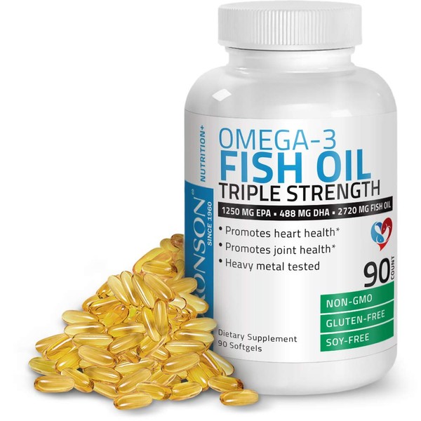 Omega 3 Fish Oil Triple Strength 2720 mg - High EPA 1250 mg DHA 488 mg - Heavy Metal Tested - Non GMO - 90 Softgels