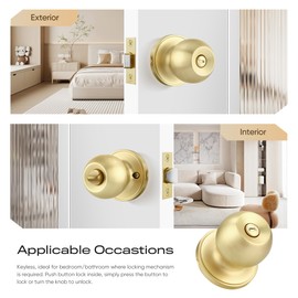 Leydebong 1 Pack Gold Ball Door Knob, Bedroom Door Knobs with Lock, Keyless Door Knob for Bedroom and Bathroom Use