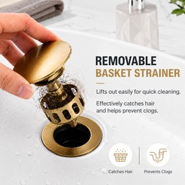 FROPO Metal Pop Up Bathroom Sink Drain with Overflow, Brushed Gold Vessel Sink Drain Assembly with Detachable Basket Stopper, Anti-Clogging Drain Strainer