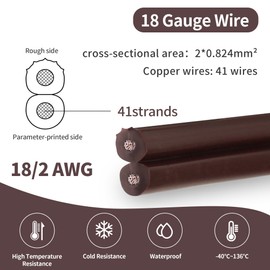 SPTDACSFP SPT-2 50FT 18/2 Electrical Wire, 18 Gauge 2 Conductors Lighting Copper Wire, Hookup LED Lighting Strips Flexible Wire Extension Cord, Brown