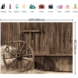 3 x 2.4 m Photo Background Western Cowboy Old Barn Door with Antique Wheel Hay Bale Haystack Country Theme Photography Background Western Party Decorations Children Adults Photo Shoot Props