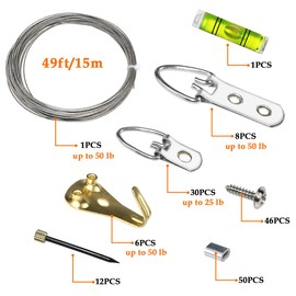 SDTC Tech Picture Wire Hanging Kit Supports Up to 40lbs with D-Rings, Wall Hanging Hooks, 50ft Stainless Steel Wire Rope, Level, Aluminum Crimping Loop Sleeve & Screws for Painting Photo Mirror Frame
