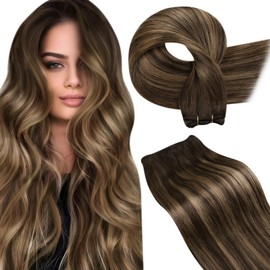 LaaVoo Weft Hair Extensions Real Human Hair 18 Inch 100g Balayage Dark Brown Mix Caramel Blonde Hair Extensions Straight Sew in Hair Extensions Double Weft Hair Extensions #4/27/4
