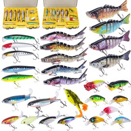 THKFISH Fishing Lures Kit with Multi Jointed Swimbaits Surface Popper Crankbaits Pencil Minnow Frog, 28pcs Topwater Trout Bass Fishing Tackle Gift Set for Saltwater Freshwater