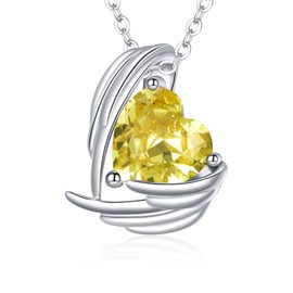 Qings Love Heart Birthday Stone Necklaces - 925 Sterling Silver Love Angel Wings Pendant Necklaces Birthday Jewellery Gifts for Women Girls (Chain Length 15 inches + 1.2 inches + 1.2 inches + 1.2