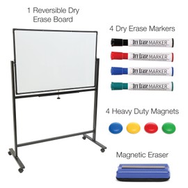 Excello Global Products Large 48"x32" White Board on Wheels: 1 Reversible Magnetic Dry Erase Board with Rolling Stand, 4 Dry Erase Markers, 1 Eraser, 4 Magnets, 1 Marker Tray (Black)