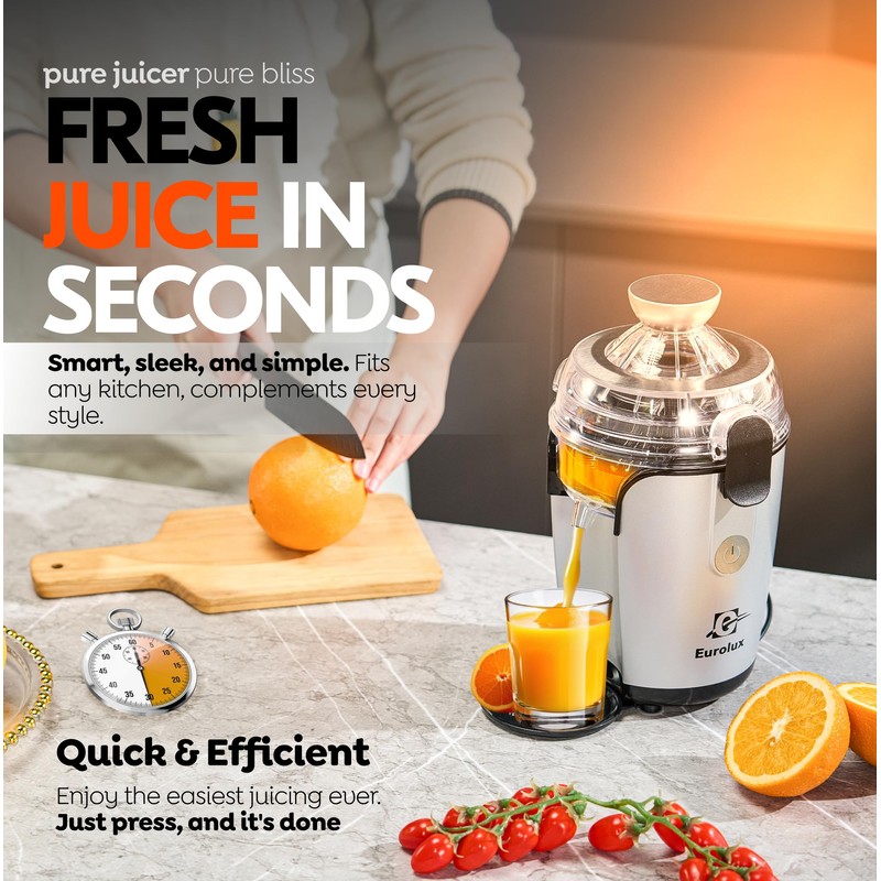 Eurolux Hands-Free Electric Citrus Juicer Machine, Orange Lime Grapefruit Lemon