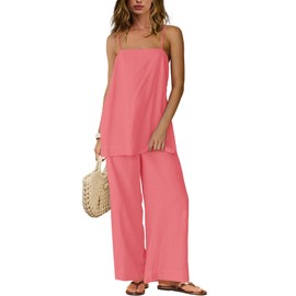 Yanekop Linen Sets for Women 2 Piece Pants Summer Outfits Matching Lounge Sets Spaghetti Strap Tank Top Pants Sets(Peach,XL)