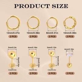 Mini Gold Huggie Hoop Earrings, 8 Pairs Small Stud Earrings Set, Hypoallergenic Gold Earring Stainless Steel, Cubic Zirconia Round Stud for Favors, Piercing Cartilage Sleeper for Women Accessory