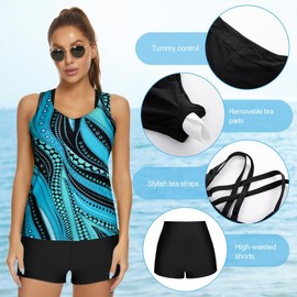 Tankini Sets for Women UK，Tankini Swimsuits Drawstring Bathing Suits Two Piece Floral Print Swimwear with Shorts