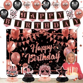 Rose Gold Birthday Decorations for Women,Rose Gold Happy Birthday Banner Backdrop Balloons, Happy Birthday Letter Sign Honeycomb Centerpiece for Men Women Birthday Anniversary Party Supplies Favors