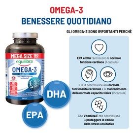Equilibra Omega 3, Olio di Pesce 2000mg, EPA 582mg e DHA 388mg per Dose max, Scorta 6 mesi, 180 capsule, Normale Funzione Cardiaca, Funzionalità Cerebrale e Capacità Visiva, Senza Glutine e Lattosio