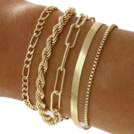 Ryaupy Pack of 5 Women's Gold Silver Bracelets Adjustable Bracelet Set Stackable Figaro Cuban Snake Chain Bracelet Gold Bracelet Jewellery for Women
