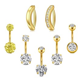 Incaton 7PCS 14G Belly Button Rings, Stainless Steel Diamond Shine Heart Belly Rings For Women, Cute Clicker Hoop Belly Button Rings, Navel Piercing Pack With Gift Velvet Pouch Gold