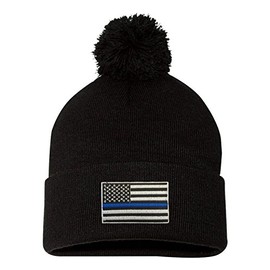 Go All Out One Size Black Pom Thin Blue Line USA Flag Embroidered Knit Beanie Pom Cap