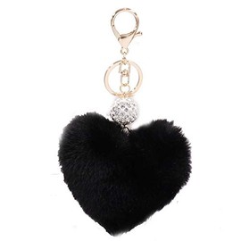 Xsclpomddy Artificial Rabbit Hair Fluffy Love Heart Pom Pom Keyring Glitter Crystal Rhinestone Bags Suitcase Backpacks Accessories Charm Car Key Ring for Girls, black