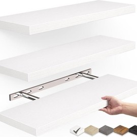 Set of 3 Floating Wall Shelves in Black - Rustic Wood Shelves for Bathroom, Bedroom, Living Room, and Kitchen. Wooden - Color: White